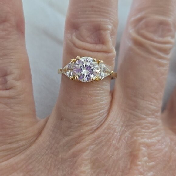 Round cut three stone ring. Simulated Round Stone Elevated Two Trillion Stones - Picture 8 of 9